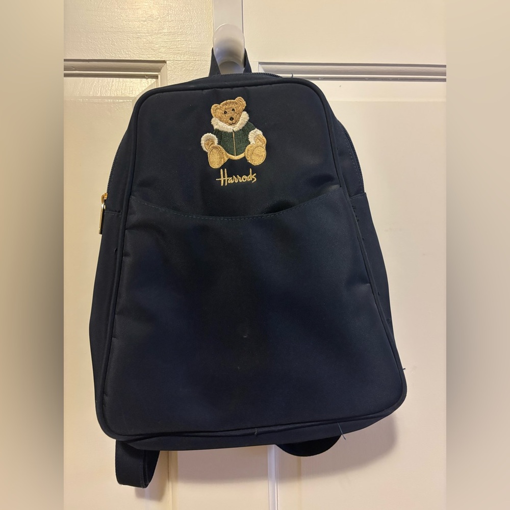 Harrods Navy Blue Backpack with Embroidered Bear